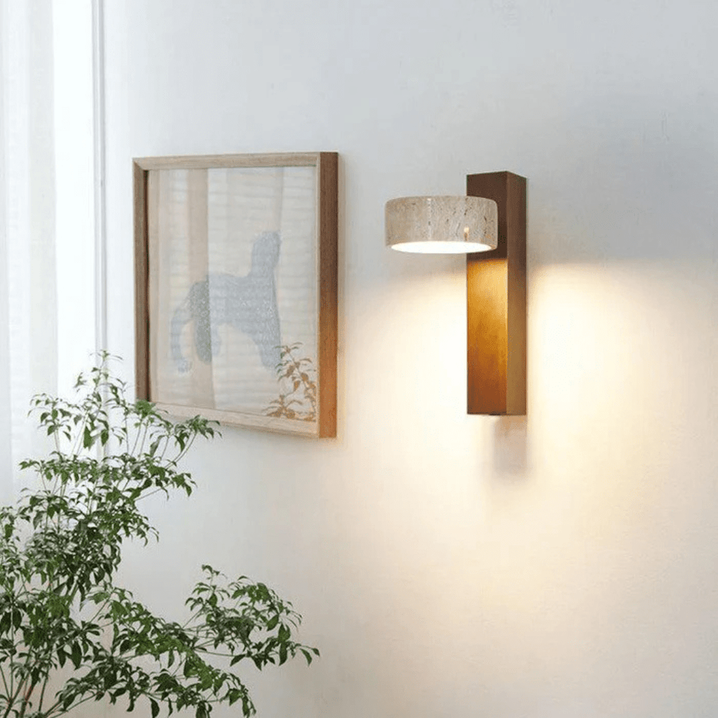 Travertine And Wood LED Wall Sconce With Warm Ambient Glow