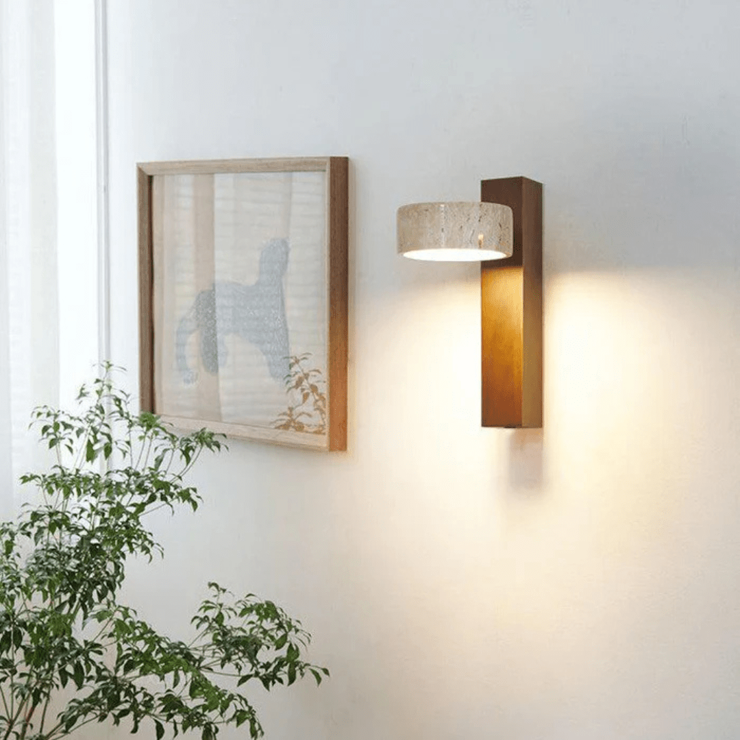 Travertine And Wood LED Wall Sconce With Warm Ambient Glow