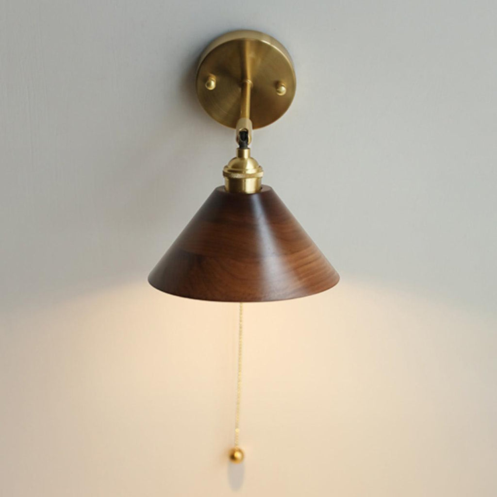 Vintage Wood Wall Sconce With Brass Dome Shade And Warm Glow