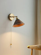 Vintage Wood Wall Sconce With Brass Dome Shade And Warm Glow