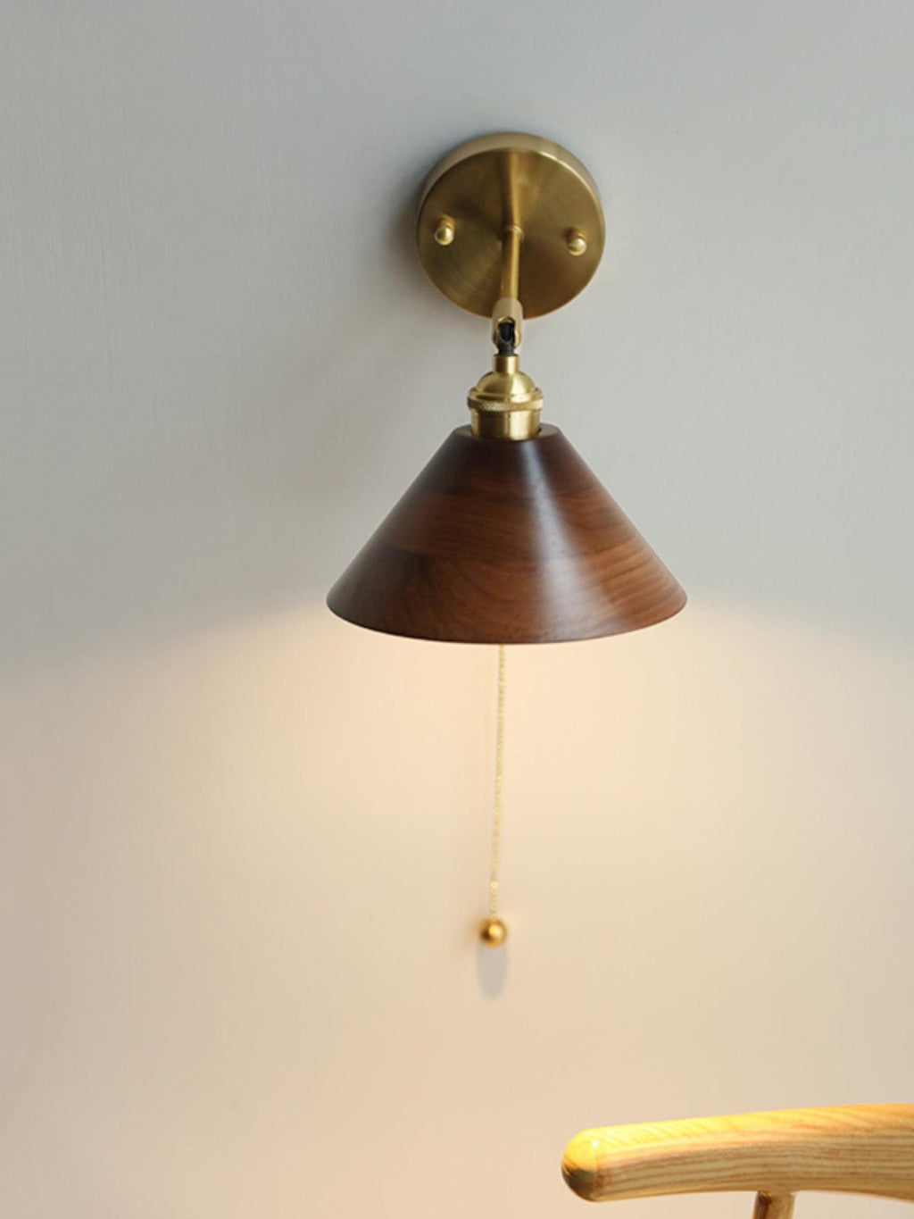 Vintage Wood Wall Sconce With Brass Dome Shade And Warm Glow