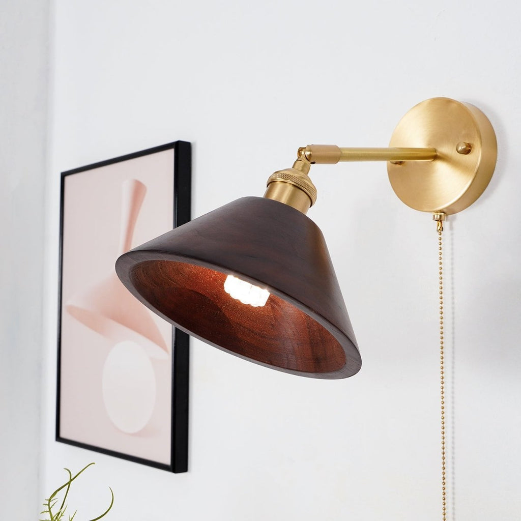 Vintage Wood Wall Sconce With Brass Dome Shade And Warm Glow