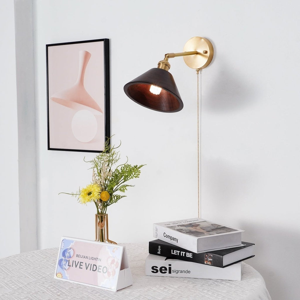 Vintage Wood Wall Sconce With Brass Dome Shade And Warm Glow