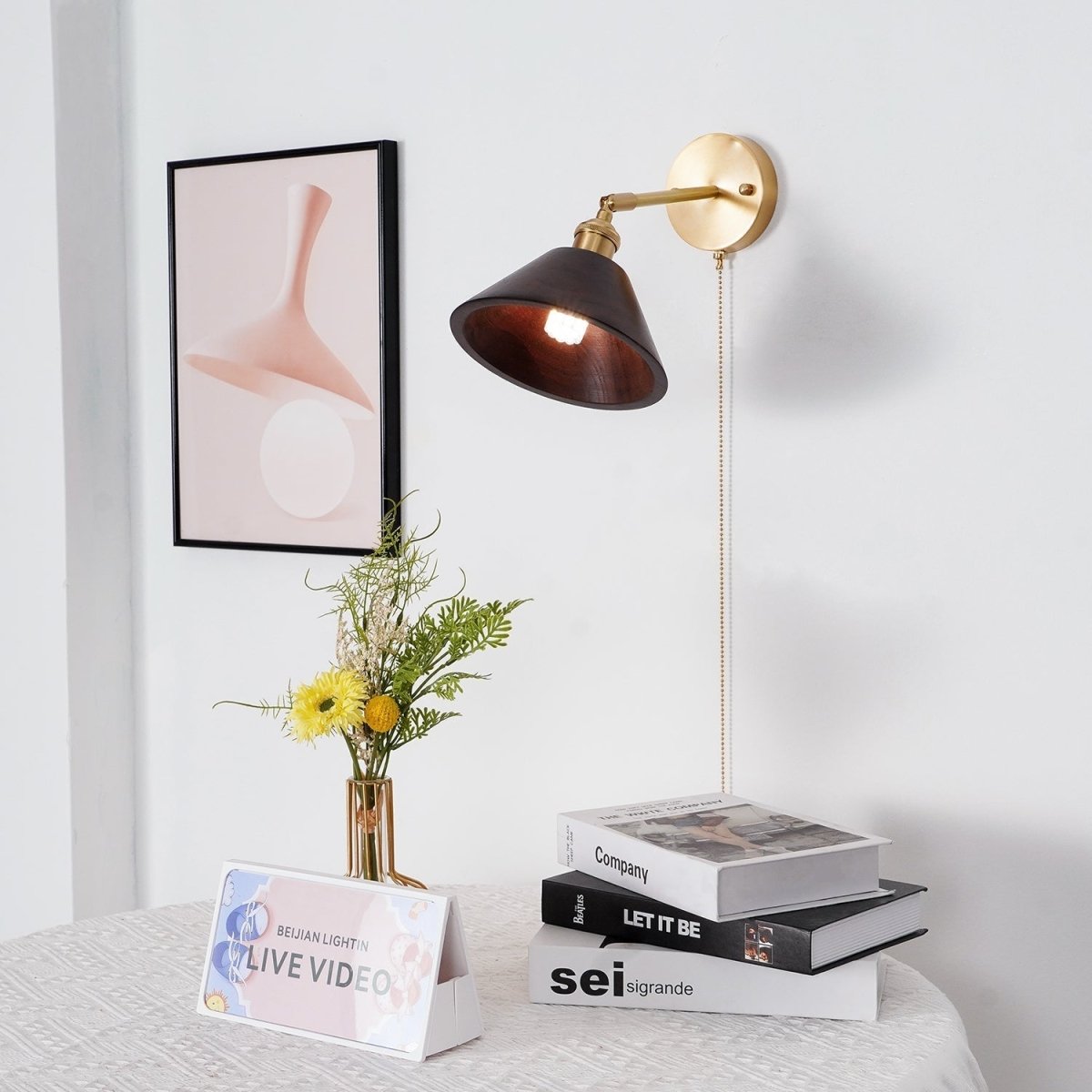 Vintage Wood Wall Sconce With Brass Dome Shade And Warm Glow