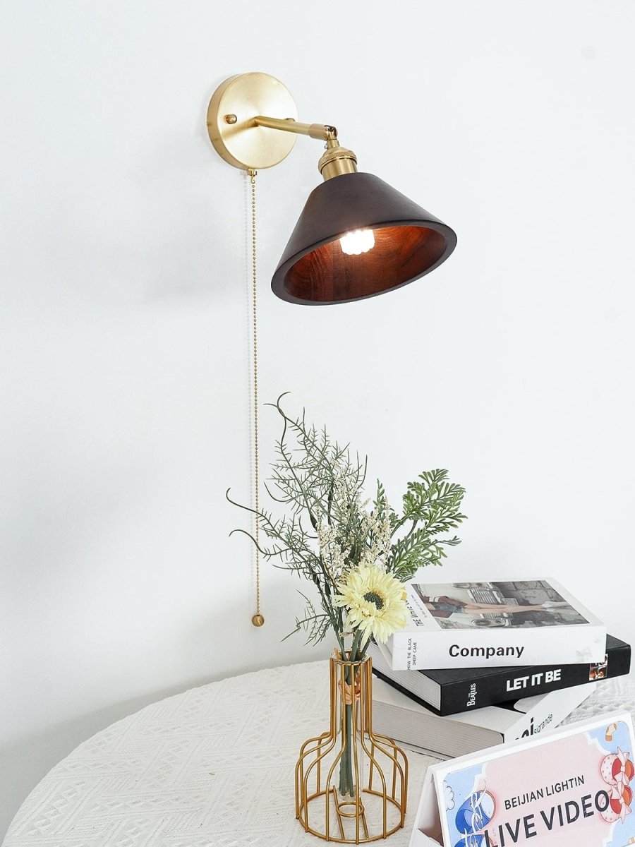 Vintage Wood Wall Sconce With Brass Dome Shade And Warm Glow