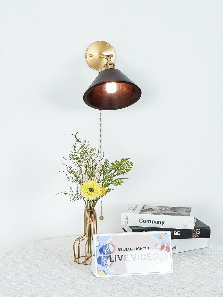 Vintage Wood Wall Sconce With Brass Dome Shade And Warm Glow
