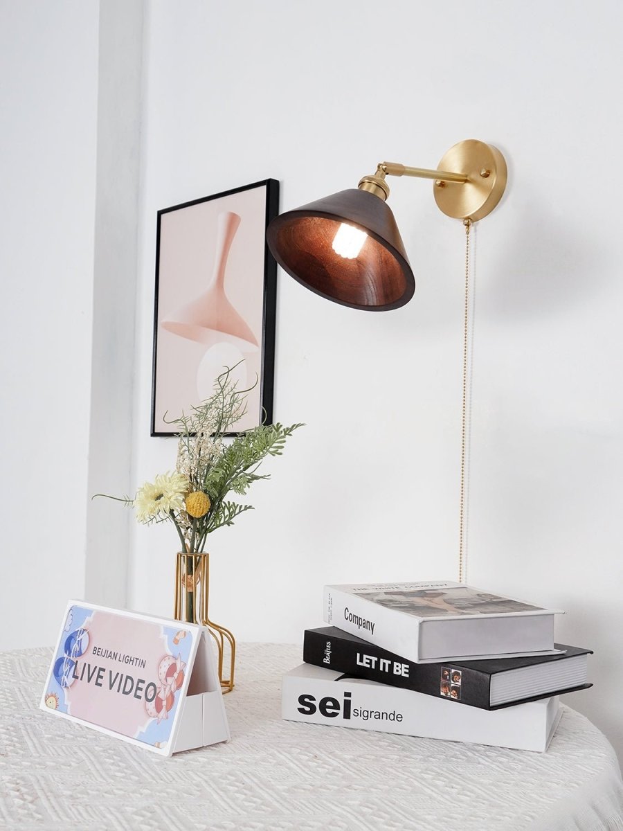 Vintage Wood Wall Sconce With Brass Dome Shade And Warm Glow