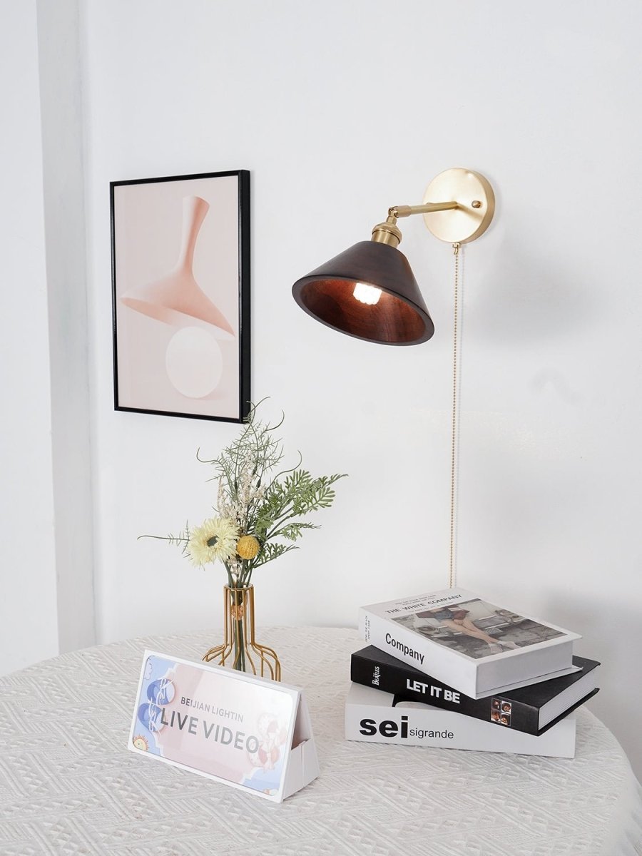 Vintage Wood Wall Sconce With Brass Dome Shade And Warm Glow