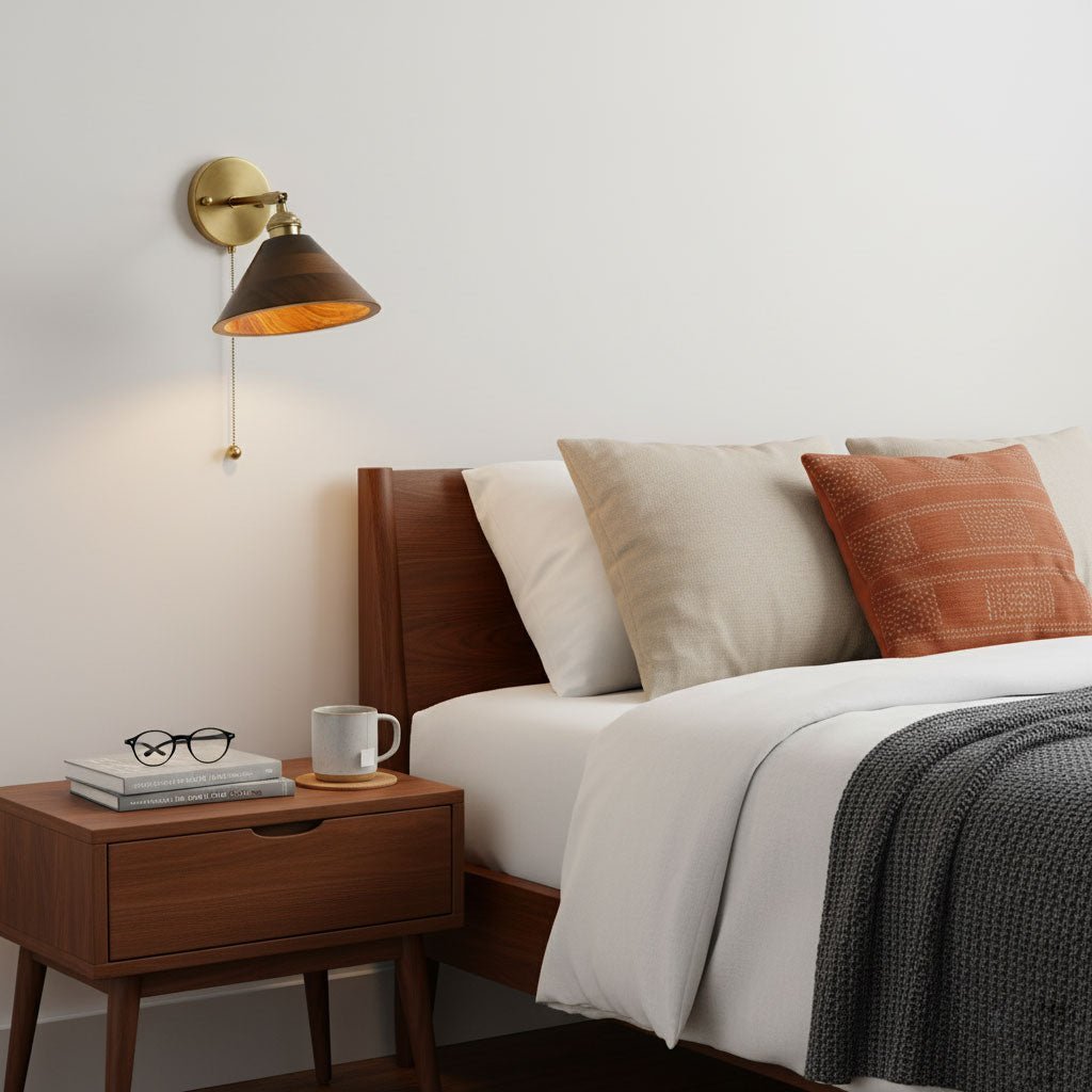 Vintage Wood Wall Sconce With Brass Dome Shade And Warm Glow