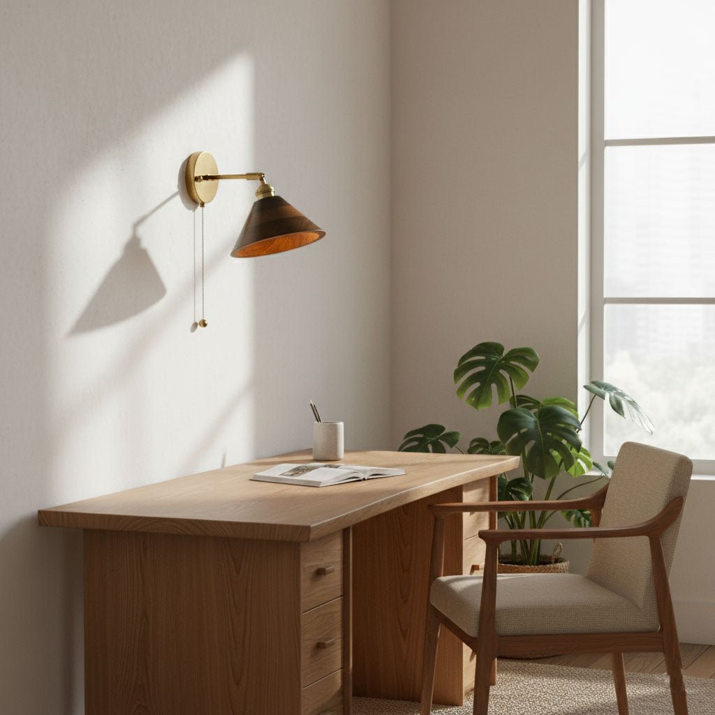 Vintage Wood Wall Sconce With Brass Dome Shade And Warm Glow