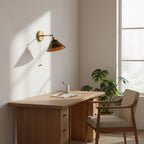 Vintage Wood Wall Sconce With Brass Dome Shade And Warm Glow