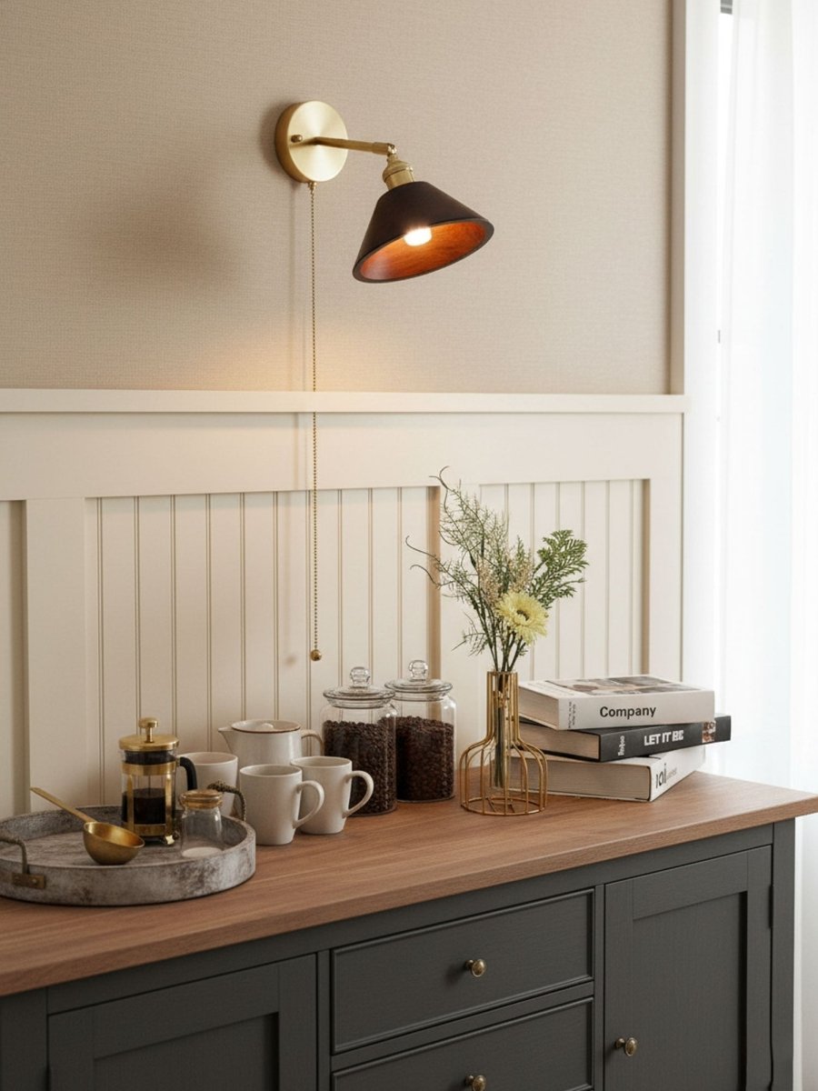 Vintage Wood Wall Sconce With Brass Dome Shade And Warm Glow