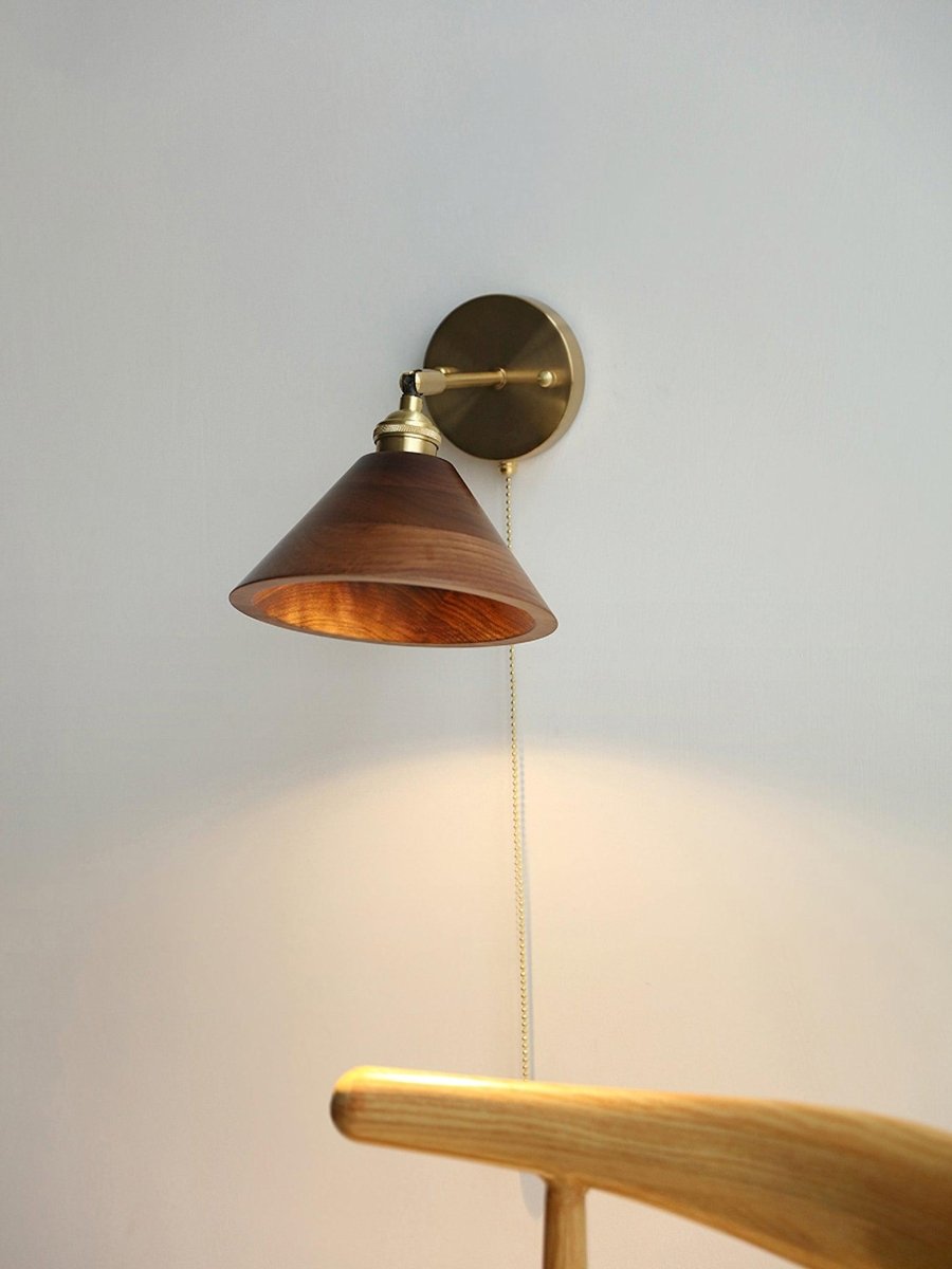 Vintage Wood Wall Sconce With Brass Dome Shade And Warm Glow