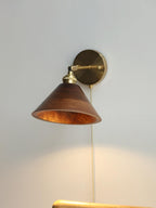 Vintage Wood Wall Sconce With Brass Dome Shade And Warm Glow