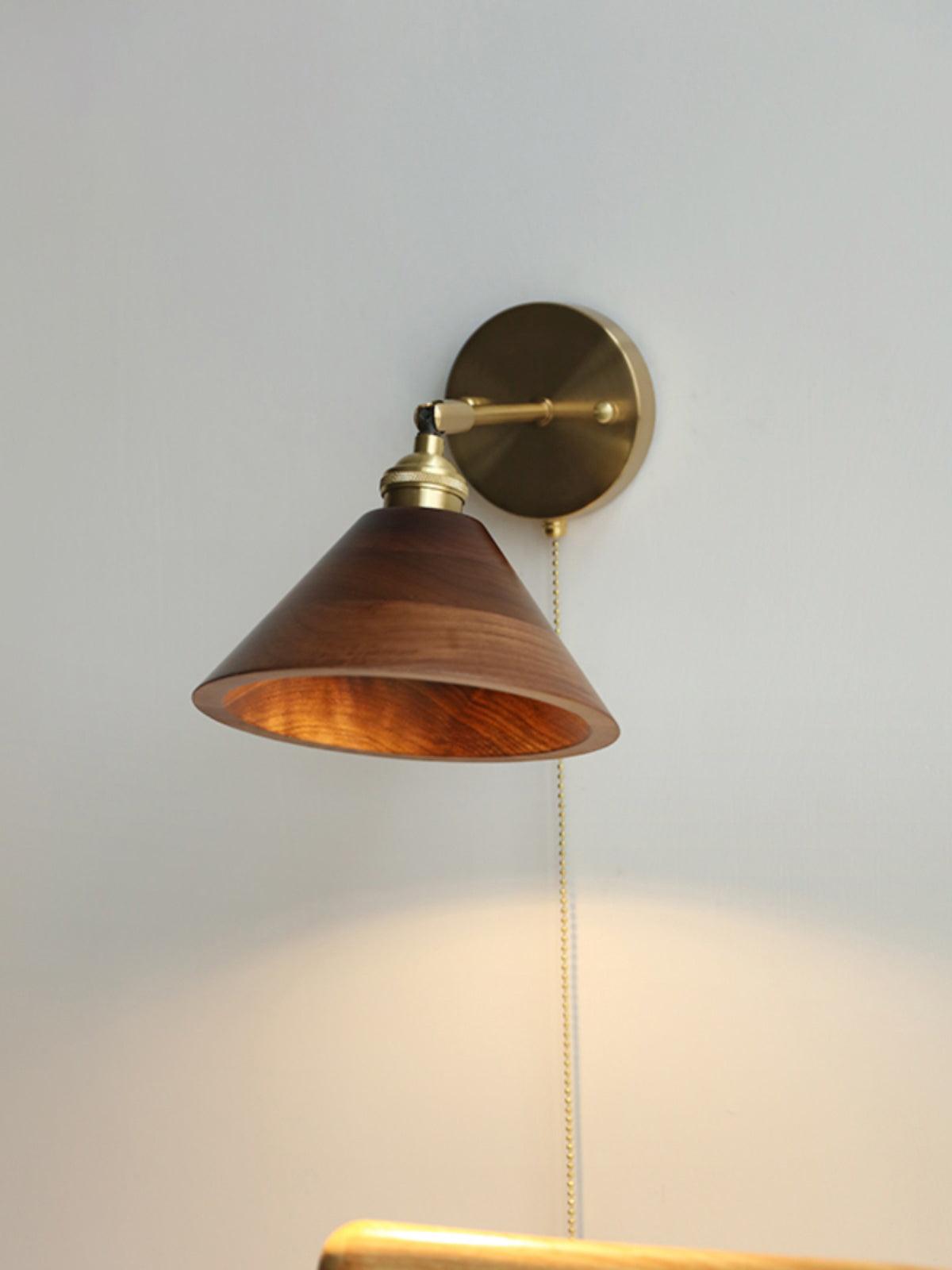 Vintage Wood Wall Sconce With Brass Dome Shade And Warm Glow