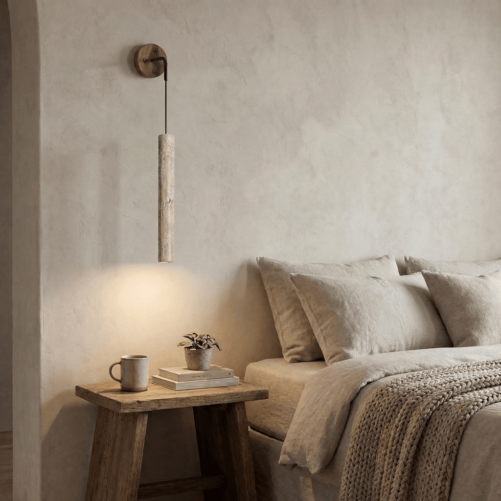 Vertical Wall Sconce With Natural Travertine Stone Tube Accent
