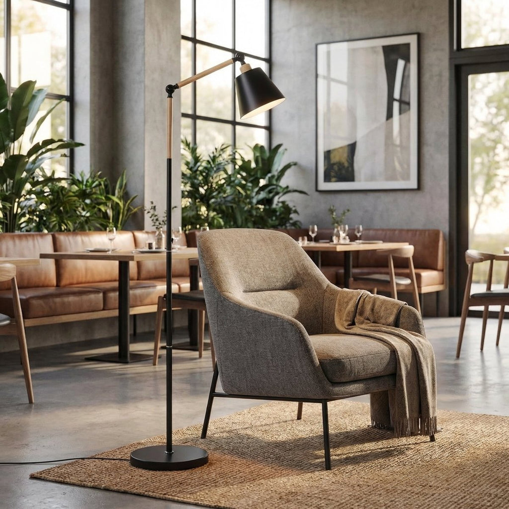Contemporary Adjustable Floor Lamp With Wood Arm, 60-Inch Tall
