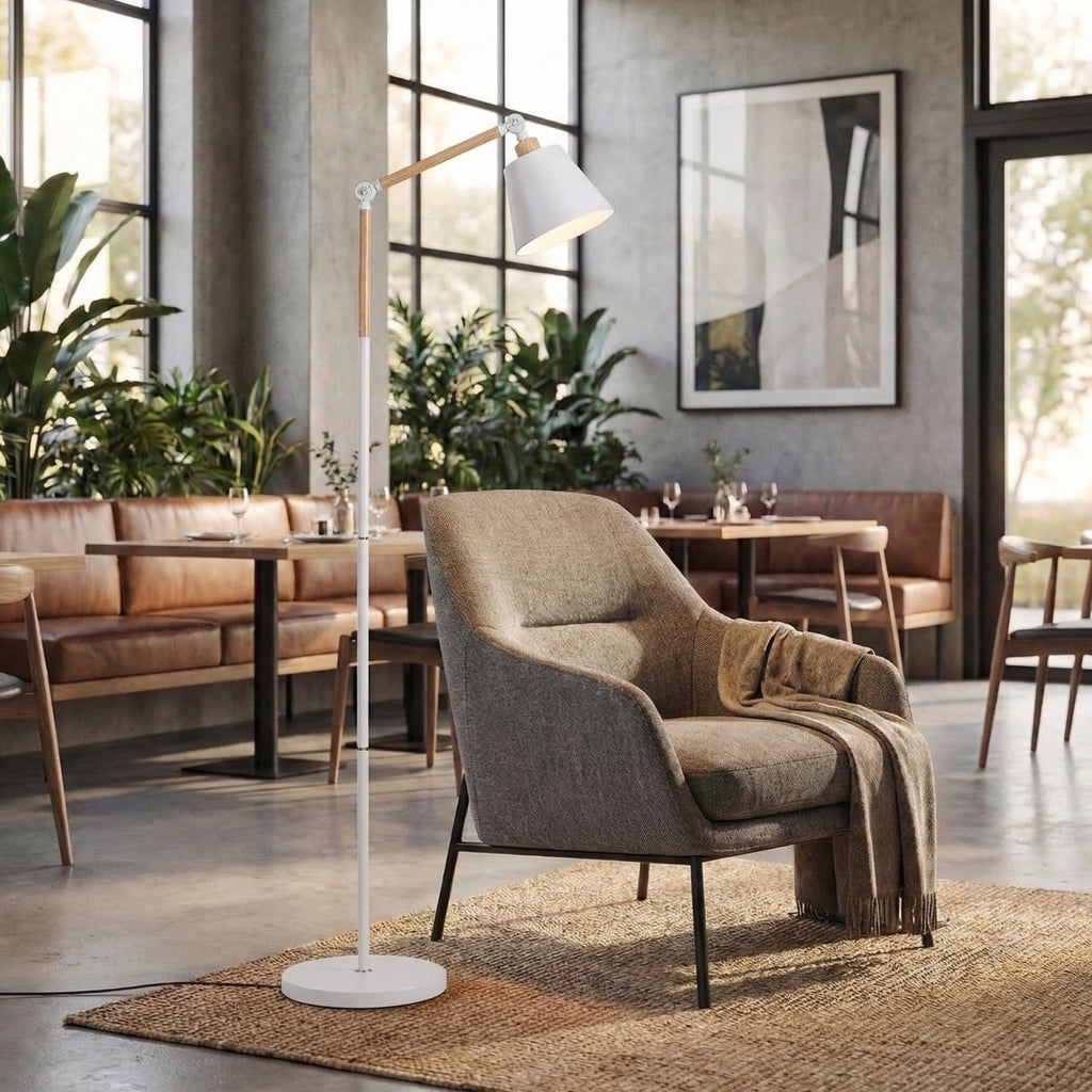 Contemporary Adjustable Floor Lamp With Wood Arm, 60-Inch Tall