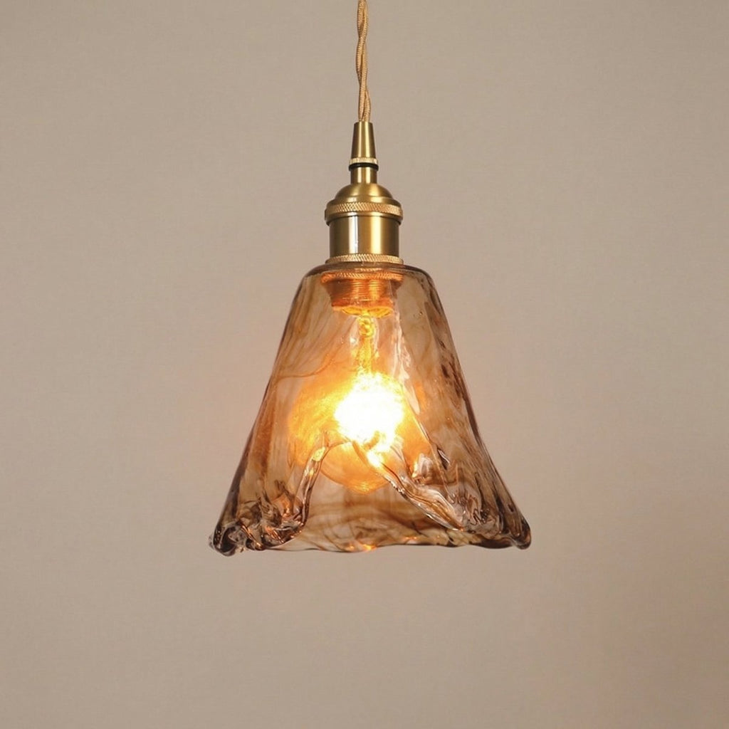 Amber Bell Glass Pendant Light With Vintage Brass-Style Fixture