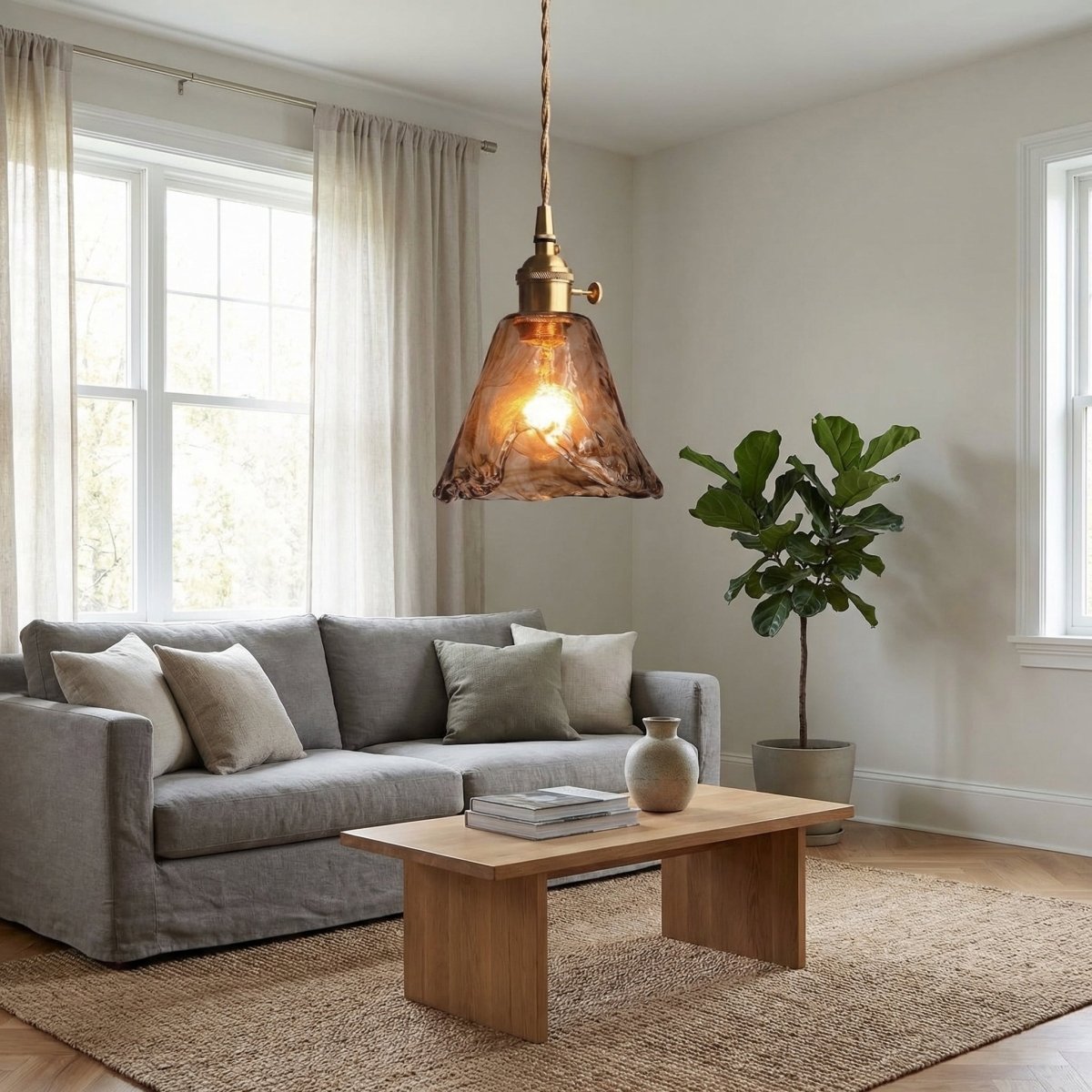 Amber Bell Glass Pendant Light With Vintage Brass-Style Fixture