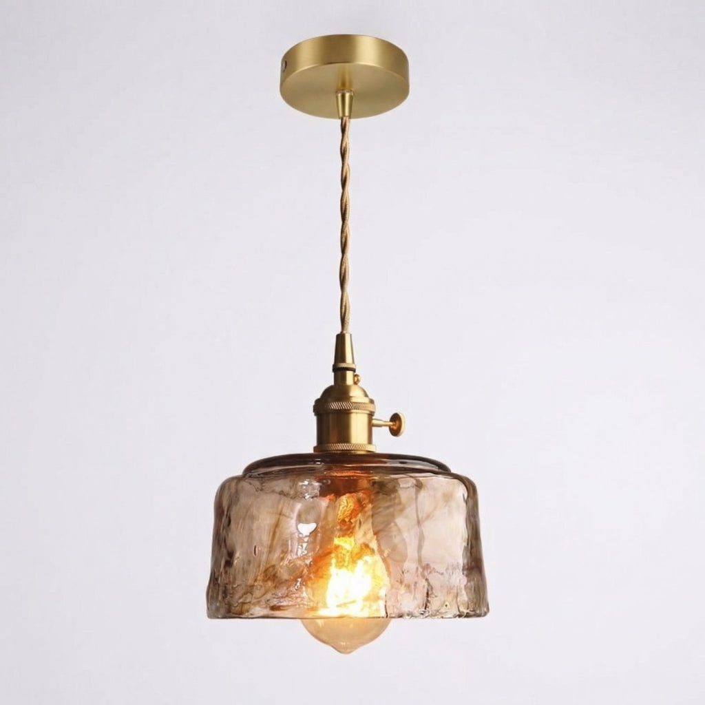 Amber Glass Dome Pendant Light, Vintage-Style Brass Fixture, 12-Inch
