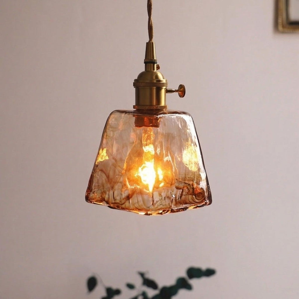 Amber Glass Trapezoid Pendant Light, Vintage-Style Fixture, 12-Inch