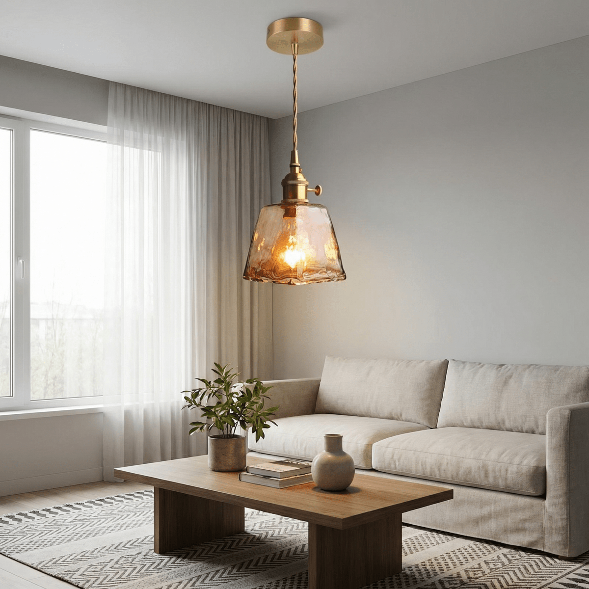 Amber Glass Trapezoid Pendant Light, Vintage-Style Fixture, 12-Inch