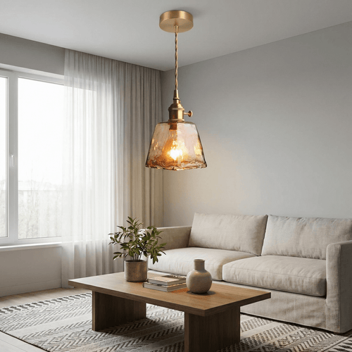 Amber Glass Trapezoid Pendant Light, Vintage-Style Fixture, 12-Inch