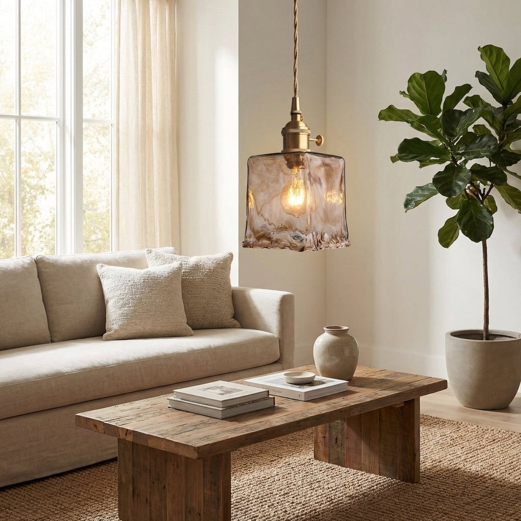 Amber Marble Glass Pendant Light With Vintage Brass-Style Fixture