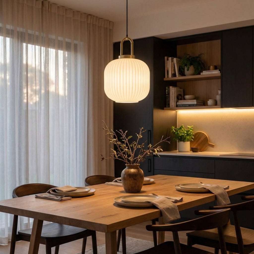 Artic Inspired Brass Pendant Light With Ribbed Glass Shade