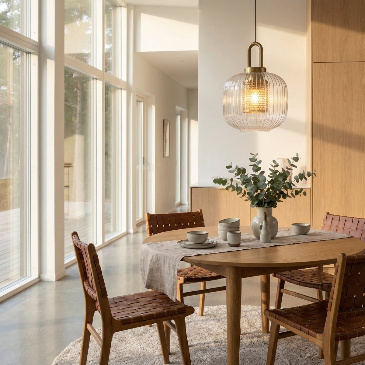Artic Inspired Brass Pendant Light With Ribbed Glass Shade