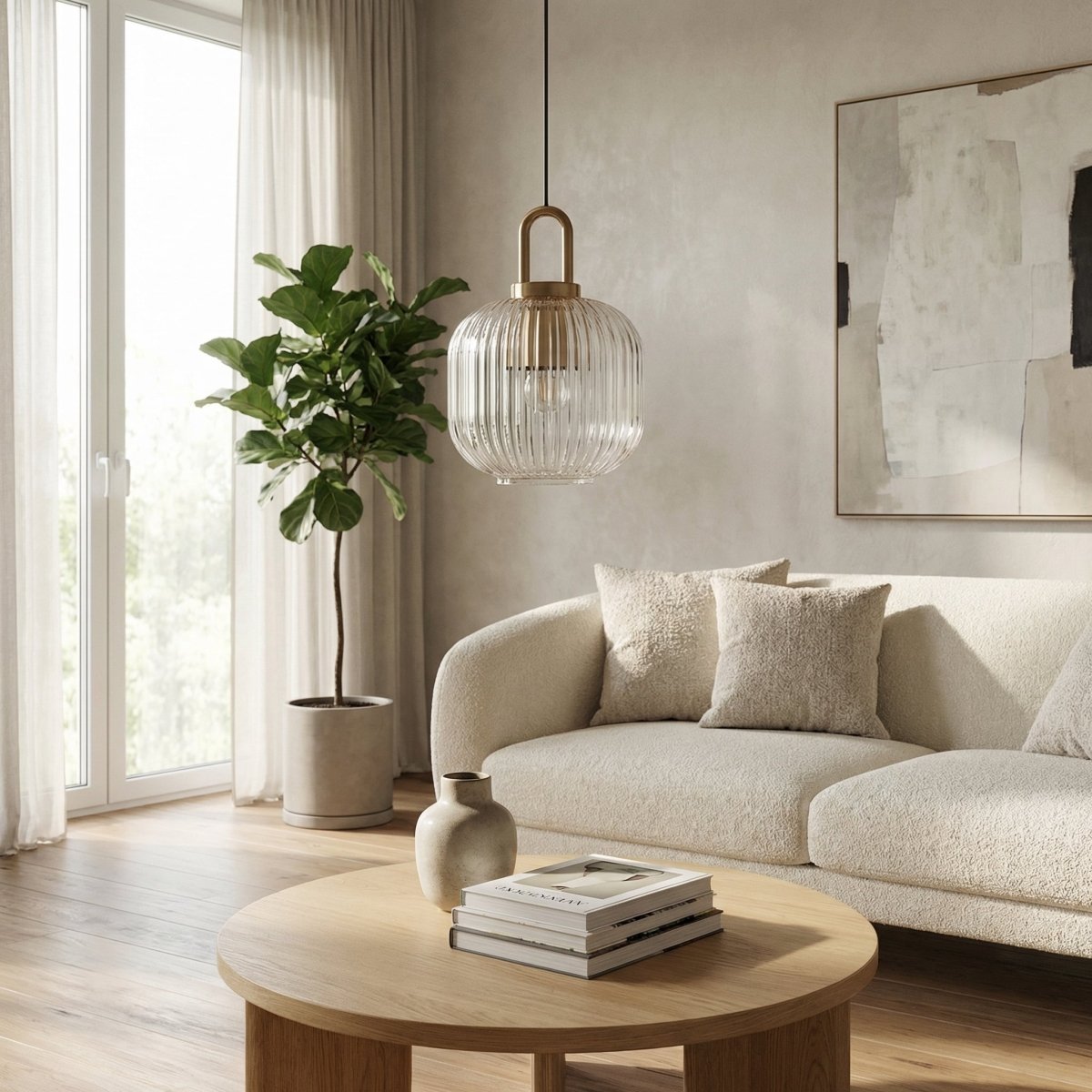Artic Inspired Brass Pendant Light With Ribbed Glass Shade